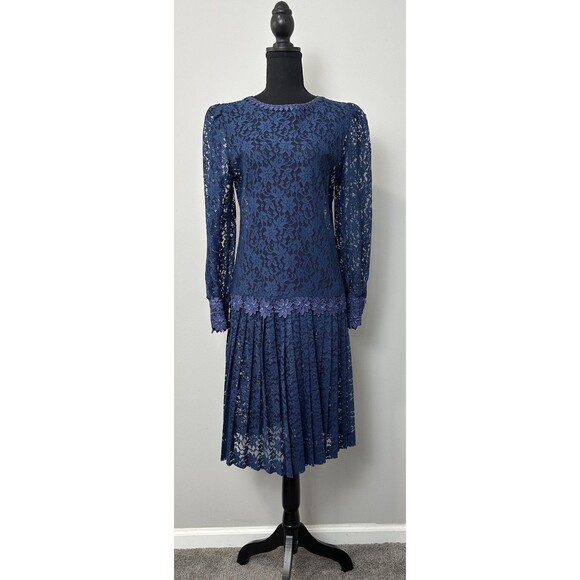 Antique 1920s Flapper Dress S Blue Lace Drop Waist Roaring Gatsby Vtg Jazz Dance - Picture 1 of 13